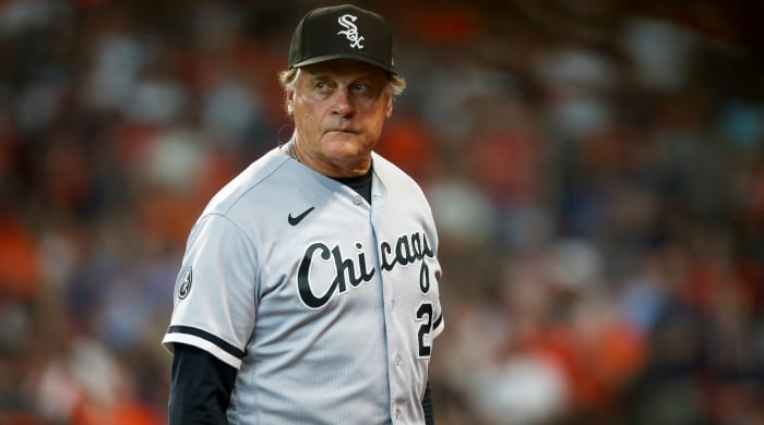 Oct 8, 2021; Houston, Texas, USA; Chicago White Sox manager Tony La Russa (22) walks back to the dugout during the game against the Houston Astros in game two of the 2021 ALDS at Minute Maid Park.